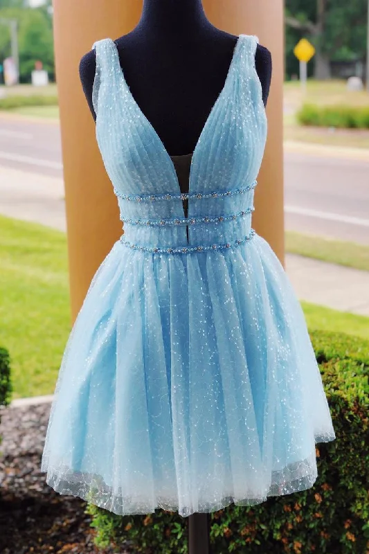 Epic Deals Sparkly Beading Sky Blue Short Prom Dresses Sequins Homecoming Dresses