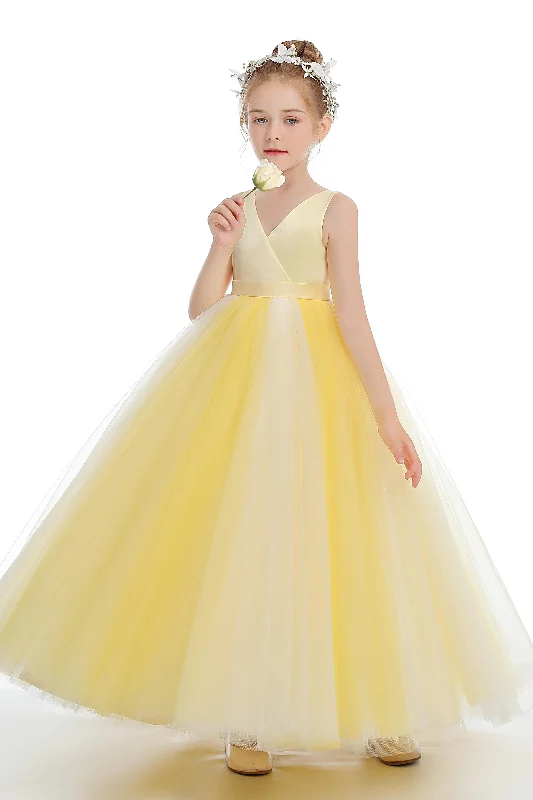 Massive Deals Sleeveless V Neck Yellow Tulle Flower Girl Dresses