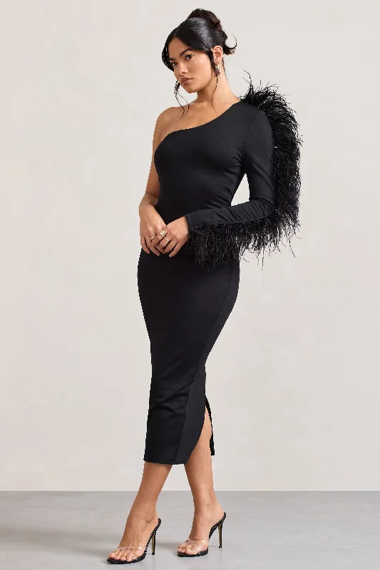 Time-Limited Offer Wild One | Black One-Shoulder Bodycon Midi Dress With Feather-Trimmed Sleeve