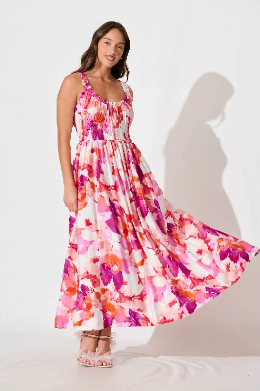 Weekend Special Valentina Maxi Sundress in White With Pink Multi Floral