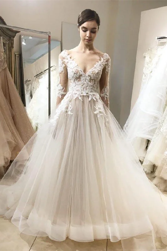 New Deals Classic V Neck Long Sleeves Tulle Lace Appliques Ball Gown Wedding Dresses New Deals Classic V Neck Long Sleeves Tulle Lace Appliques Ball Gown Wedding Dresses