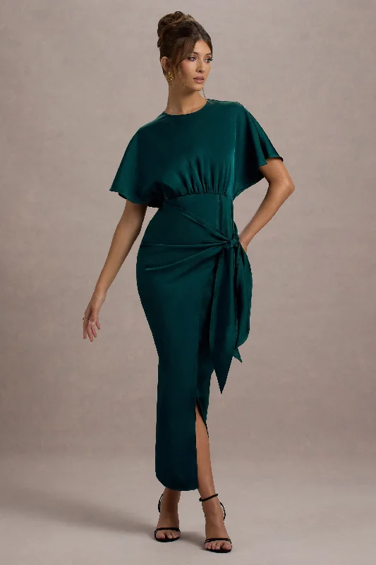Flash Deals Mika | Bottle Green Satin Short-Sleeve Wrap Maxi Dress