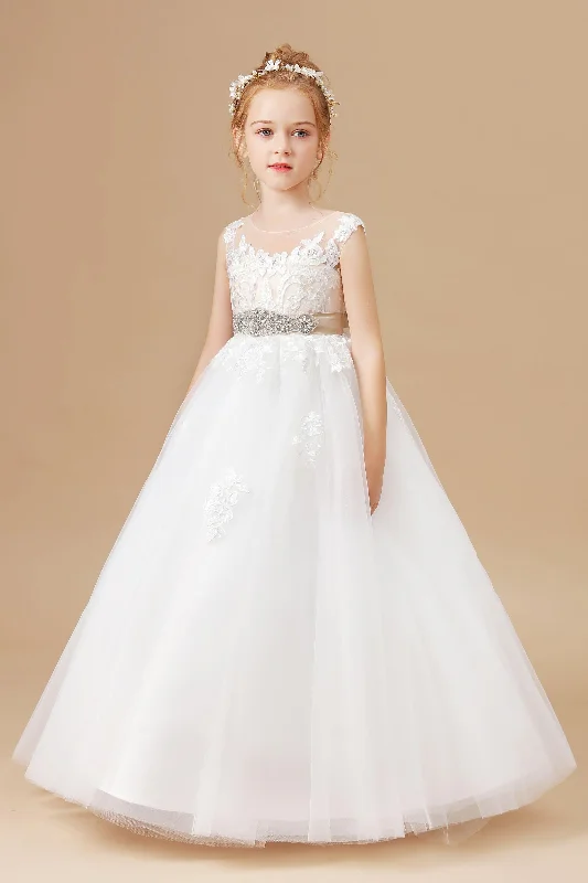 Super Sale Ivory Sleeveless Tulle Satin Flower Girl Dresses With Champagne Bowknot