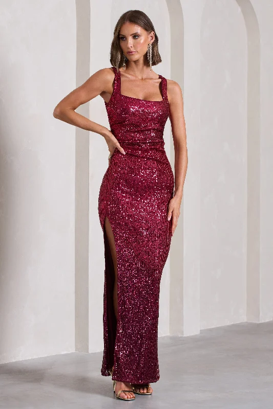 Price Drop Alert Yvonne | Plum Sequin Open-Back Bodycon Maxi Dress