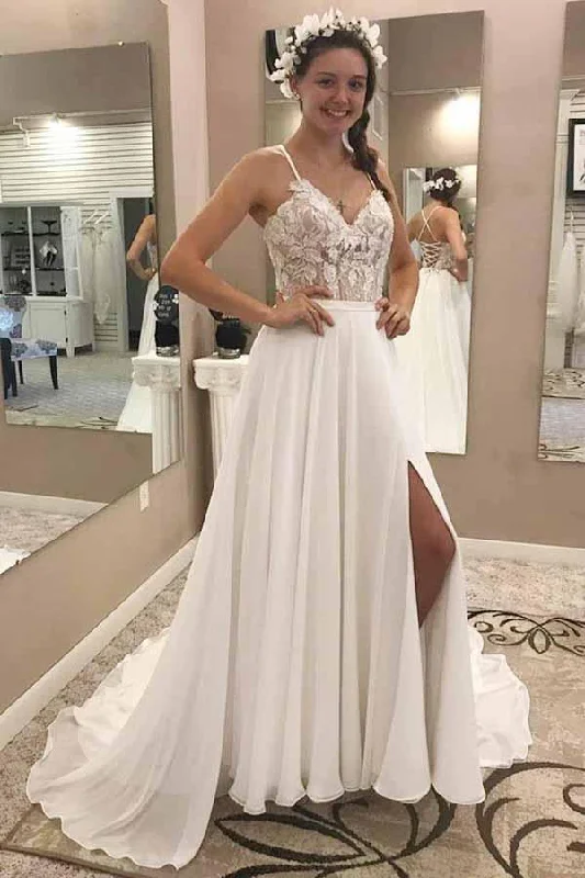 Overstock Elegant Spaghetti Straps V Neck Chiffon Appliques Split Side Wedding Dresses Overstock Elegant Spaghetti Straps V Neck Chiffon Appliques Split Side Wedding Dresses