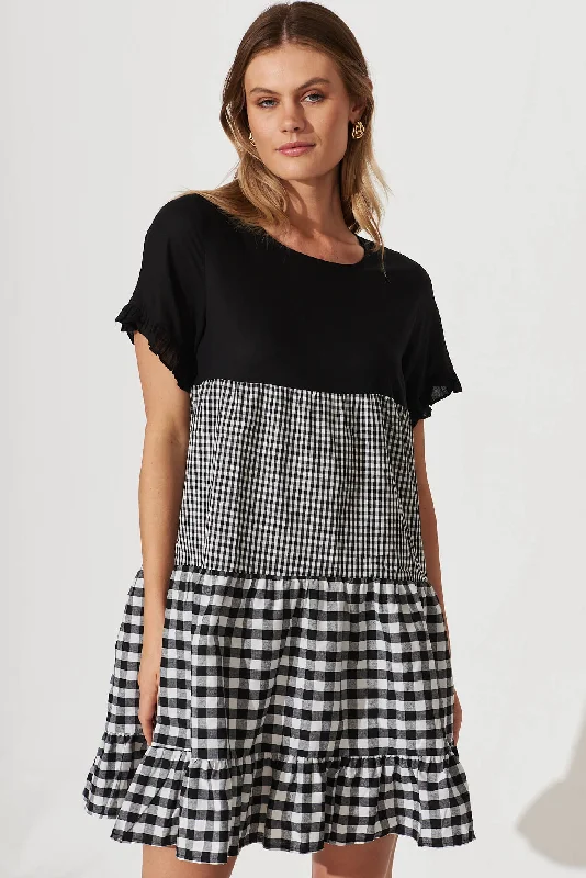 Mega Sale Krystin Smock Dress In Black And White Gingham Linen Blend
