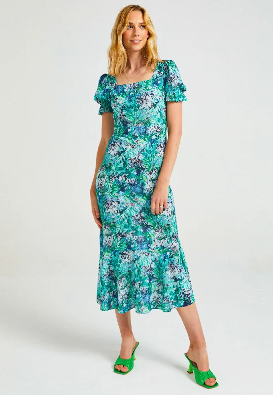 Special Price Square Neck Long Tea Dress In Tropical Print
