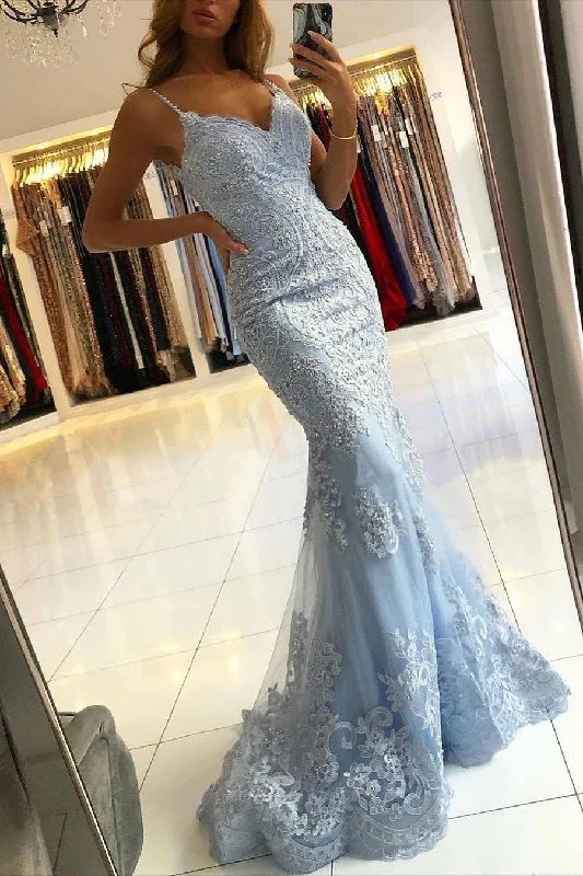 Epic Deals Chic Sky Blue Mermaid Spaghetti Straps Lace Long Prom Dresses