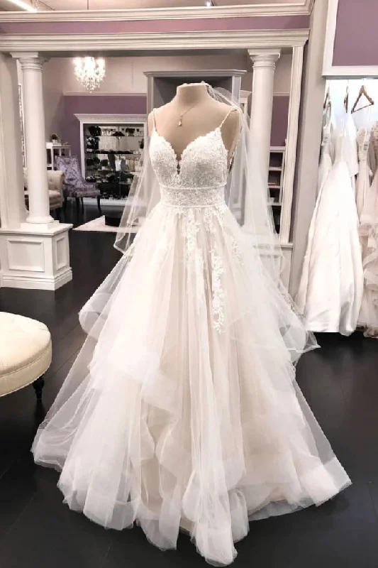 Massive Deals Pretty Ivory Lace Tulle Floor Length Lace Up Elegant Wedding Dresses