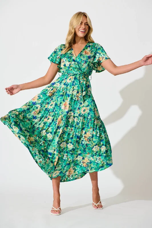 Don't Wait Heidi Maxi Dress In Green Watercolour Floral Satin
