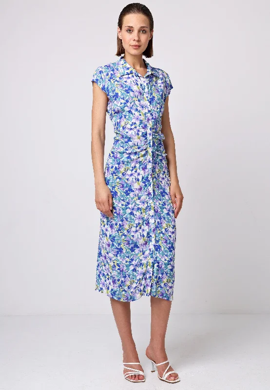 Super Deal Front Ruched Midi Shirt Dress In Floral Print