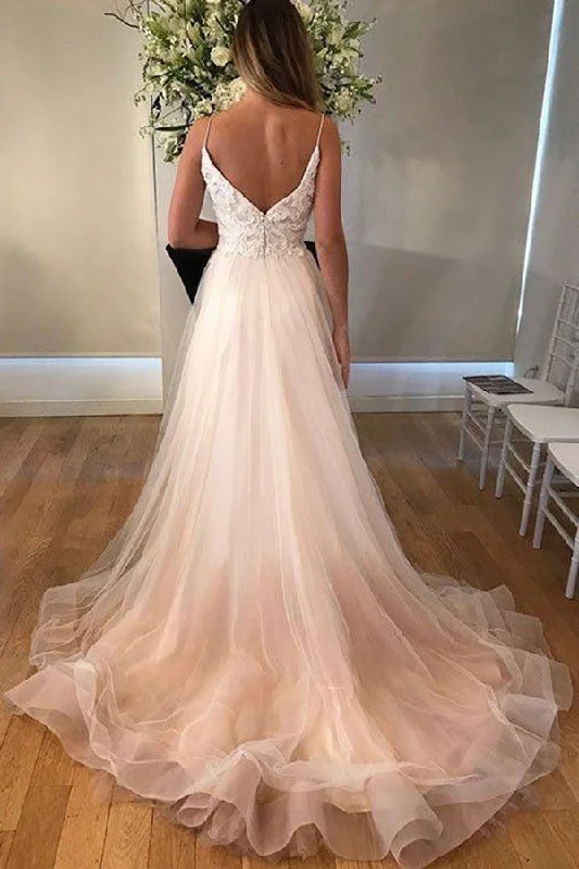 Grand Opening Sale Chic Spaghetti Straps V Back Sleeveless Tulle Floor Length A Line Wedding Dresses Grand Opening Sale Chic Spaghetti Straps V Back Sleeveless Tulle Floor Length A Line Wedding Dresses