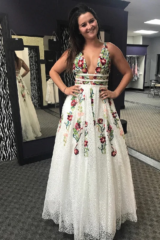 Best Bargains Charming Floral Embroidery Long Prom Dresses V Neck A Line Party Dresses