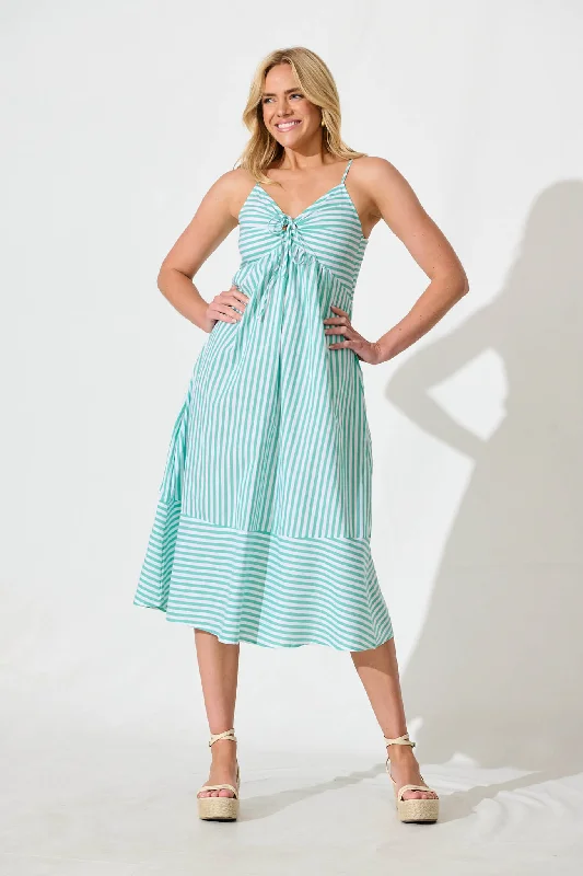 Extra Savings Miramar Midi Dress in Green and White Stripe Cotton