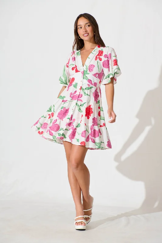 Lowest Prices Ailish Dress In White with Red and Purple Flower