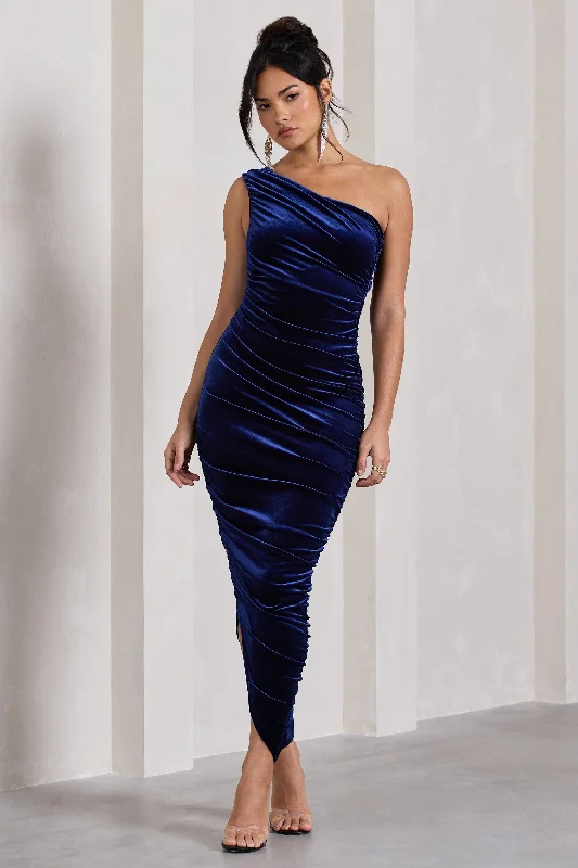 Exclusive Online Offer Dorit | Navy Velvet One Shoulder Asymmetric Ruched Midi Dress