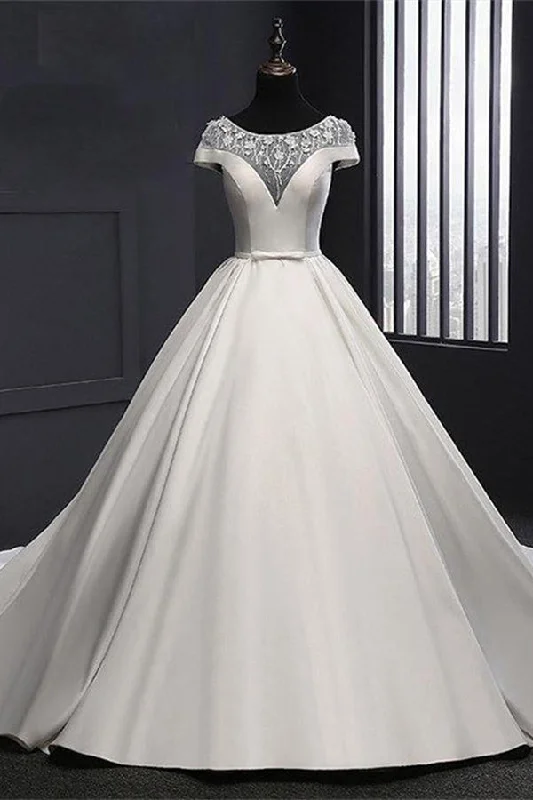 Shop and Save Chic Round Neck Lace Satin Short Sleeves Long Ball Gown Wedding Dresses Shop and Save Chic Round Neck Lace Satin Short Sleeves Long Ball Gown Wedding Dresses