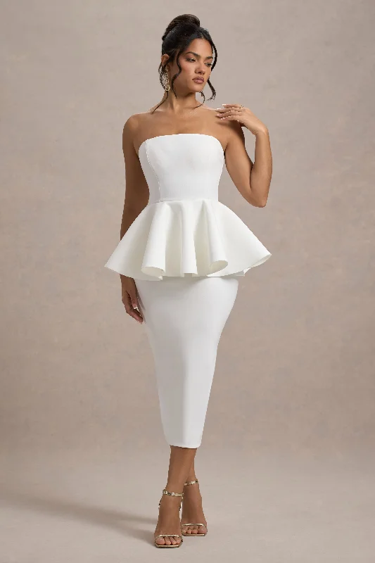 Limited Stock First Dance | White Bandeau Peplum Midi Dress