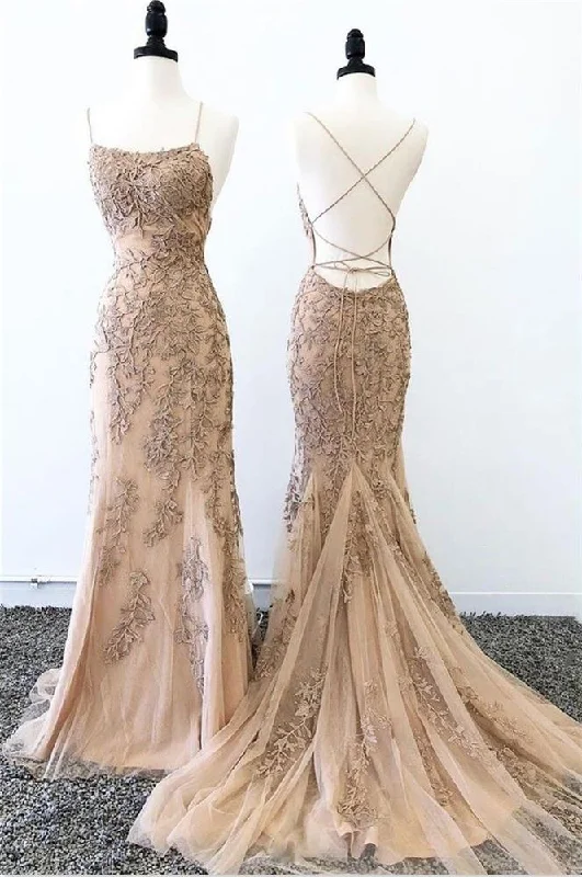 Exclusive Preview Pretty Spaghetti Straps Long Mermaid Backless Lace Elegant Prom Dresses Exclusive Preview Pretty Spaghetti Straps Long Mermaid Backless Lace Elegant Prom Dresses