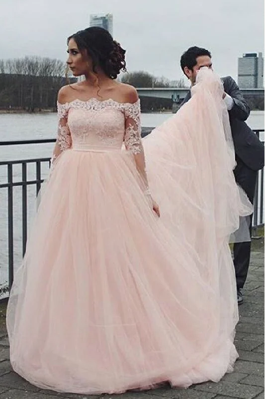Price Slash Pink A Line Brush Train Off Shoulder Long Sleeve Lace Wedding Dresses