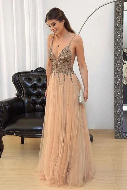 Clearance Sale Backless Long Flowy Beading Tulle Prom Dresses Elegant Party Dresses