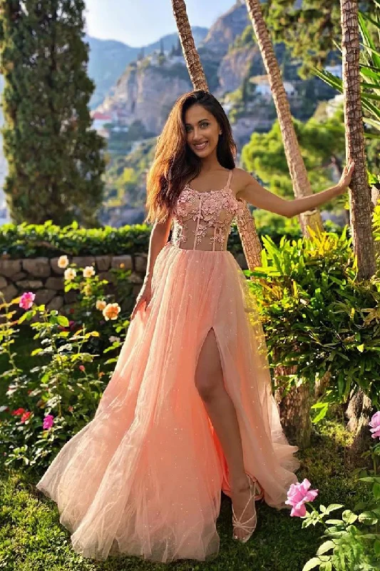 Don't Miss Pink Sleeveless A Line Tulle Lace Split Prom Dresses