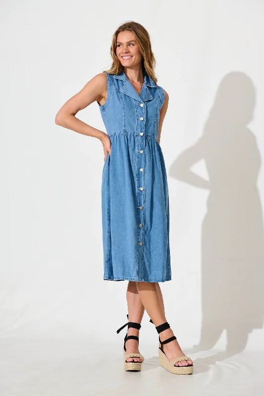 Early Bird Discount In Love Midi Shirt Dress in Mid Blue Denim