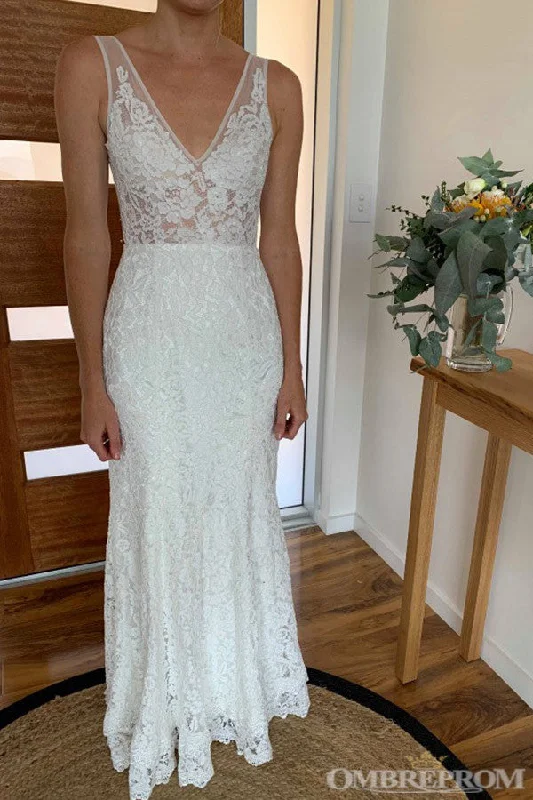 Buy Now Impressive V Back Sleeveless Floor Length Lace Wedding Dresses
