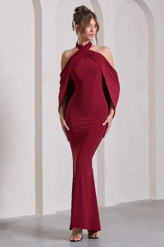 Hot Deal Revelation | Berry Red Crossed Halter-Neck  Maxi Dress With Cape