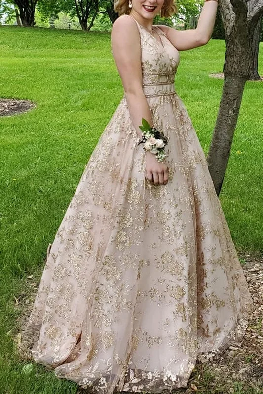 Limited Time Offer Gorgeous A-line V-neck Long Lace Princess Dresses Gold Prom Dresses Limited Time Offer Gorgeous A-line V-neck Long Lace Princess Dresses Gold Prom Dresses