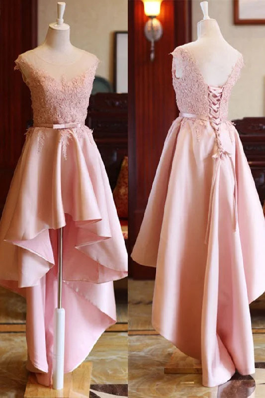 Best Seller Pink High Low Scoop Lace Up Mid Back Satin Sleeveless Prom Dresses