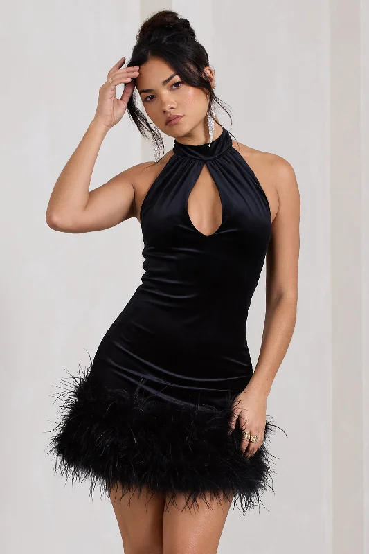 Price Drop Tillie | Black Velvet High Neck Trapeze Mini Dress With Feather Hem Detail