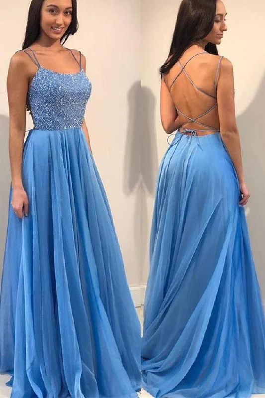 Unbeatable Prices Blue Spaghetti Straps Backless Prom Dresses with Sequins