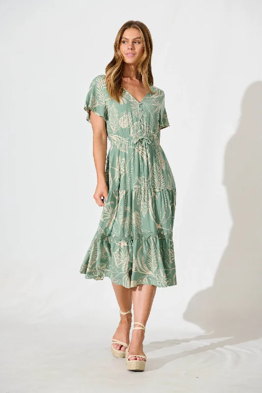 Lowest Price Laconia Midi Dress In Khaki Print with Ric Rac Trim