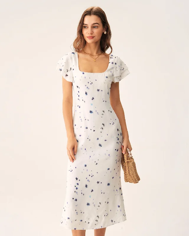 Reduced Prices Beige Floral Square Neck Midi Dress