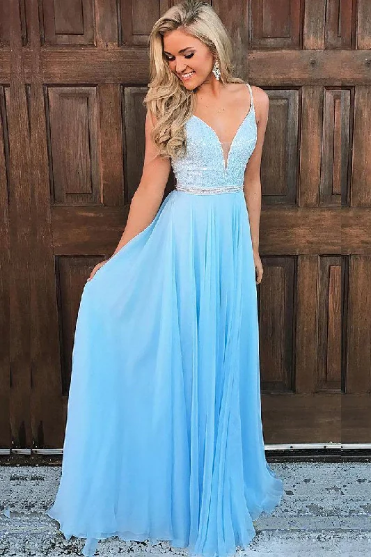 Closeout Light Blue Sleeveless Prom Dresses A Line Evening Dresses
