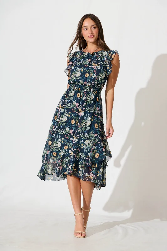 Midnight Sale Inaya Midi Dress in Navy Multi Floral Chiffon