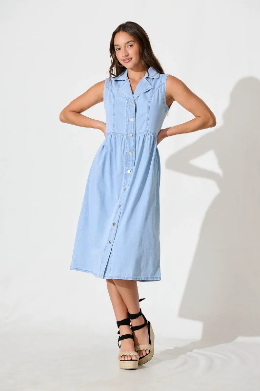 Clearance Event In Love Midi Shirt Dress in Light Blue Denim