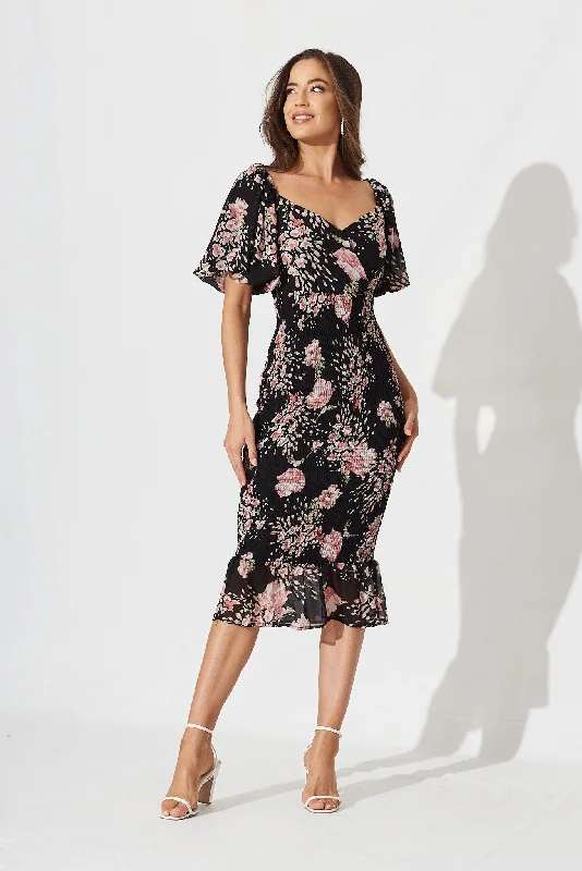 Discount Extravaganza Shoreline Midi Dress In Black With Pink Floral Chiffon