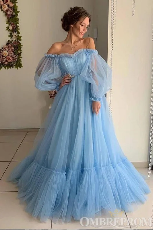 YEAR-End Clearance Chic Lace Up Blue Tulle Simple A Line Princess Prom Dresses