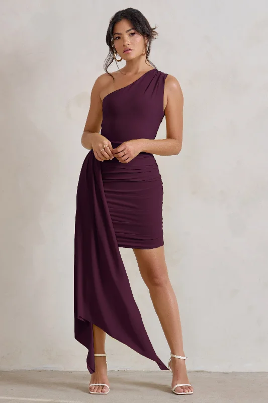 YEAR-End Clearance Charlie | Plum One Shoulder Ruched Mini Dress With Statement Drape