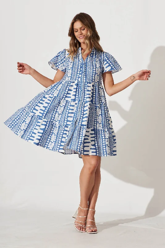 Price Reduction Saldana Smock Dress In Blue And White Print Cotton