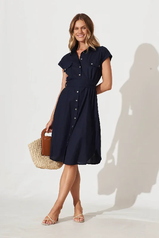 Midnight Madness Brittany Midi Shirt Dress In Navy Cotton Linen