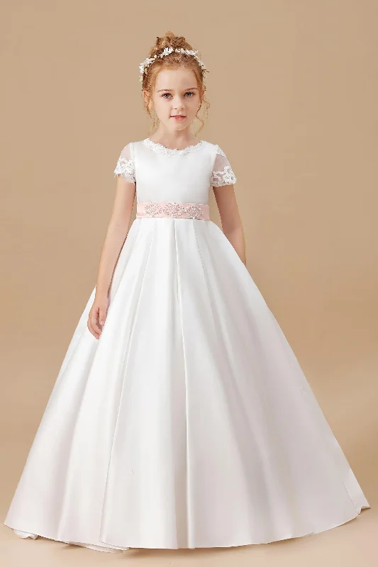 Savings Alert Ivory Floor-length Lace Satin Flower Girl Dresses With Pink Bowknot
