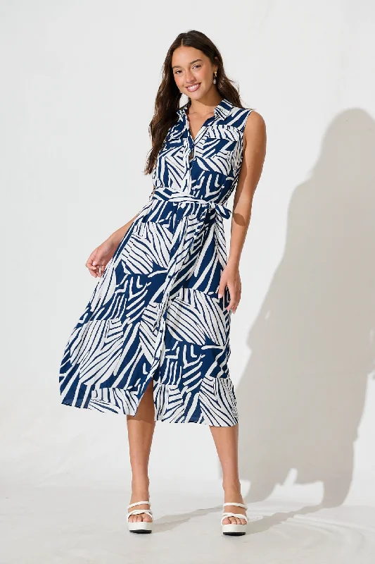 Massive Deals Lahira Midi Shirt Dress in Navy with White Print
