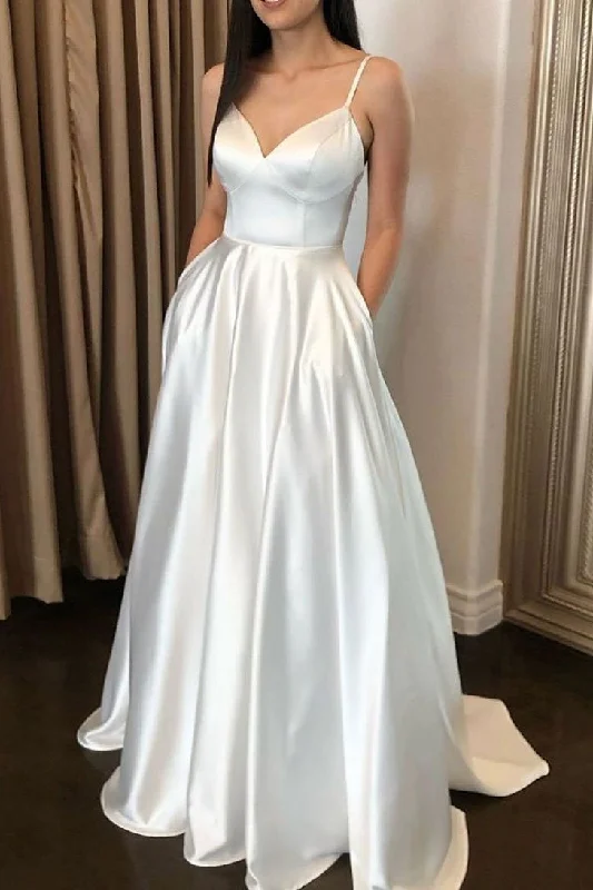 New Markdowns Ivory Spaghetti Straps Satin A-line Prom Dresses With Pockets