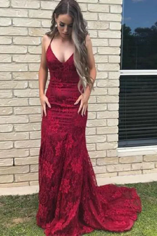 Major Savings Charming Burgundy Mermaid Spaghetti Straps Lace Sweep Train Prom Dresses Major Savings Charming Burgundy Mermaid Spaghetti Straps Lace Sweep Train Prom Dresses