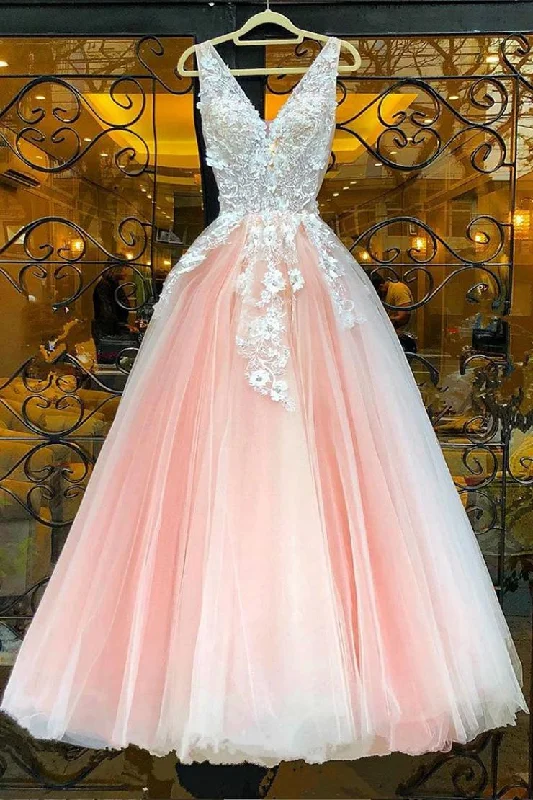 Limited Availability Pink V Neck Tulle Lace Appliques Long Prom Dresses