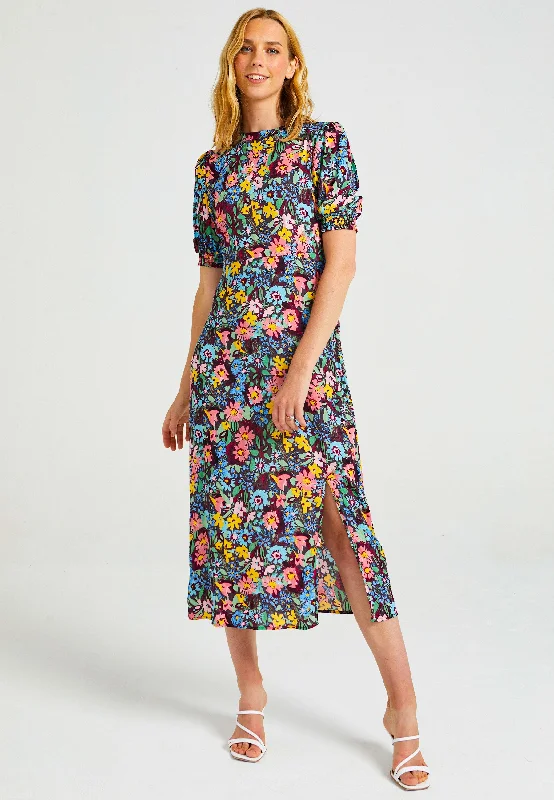 Price Reduction Short Sleeve Midi Dress With Leg Slit In Navy Floral Print