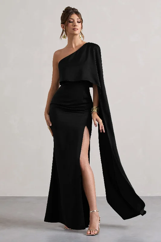 Can't Be Beat Amora | Black Satin Asymmetric Cape-Sleeve Split Maxi Dress